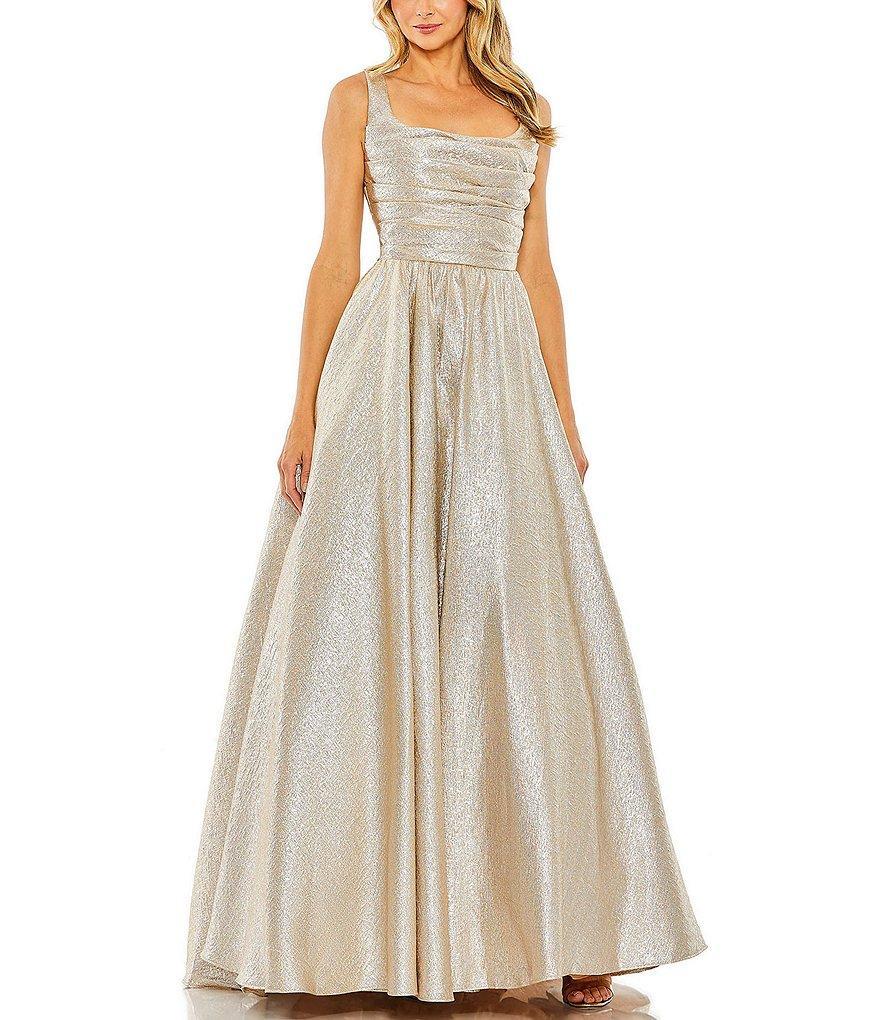 Mac Duggal Square Neck Sleeveless Metallic Pleated Ball Gown Product Image