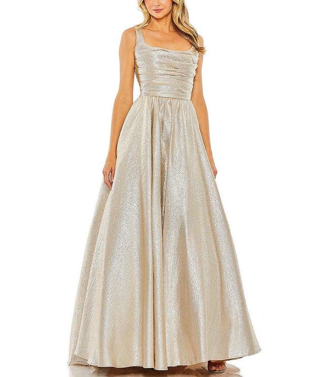 Mac Duggal Square Neck Sleeveless Metallic Pleated Ball Gown Product Image