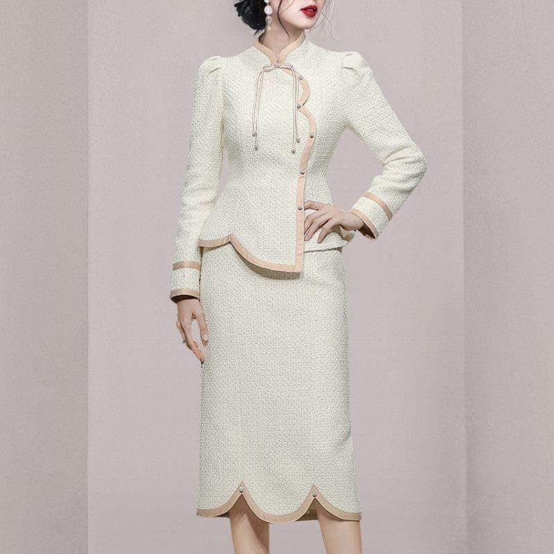 Set: Mandarin Collar Contrast Trim Tweed Button Jacket + Midi Pencil Skirt Product Image