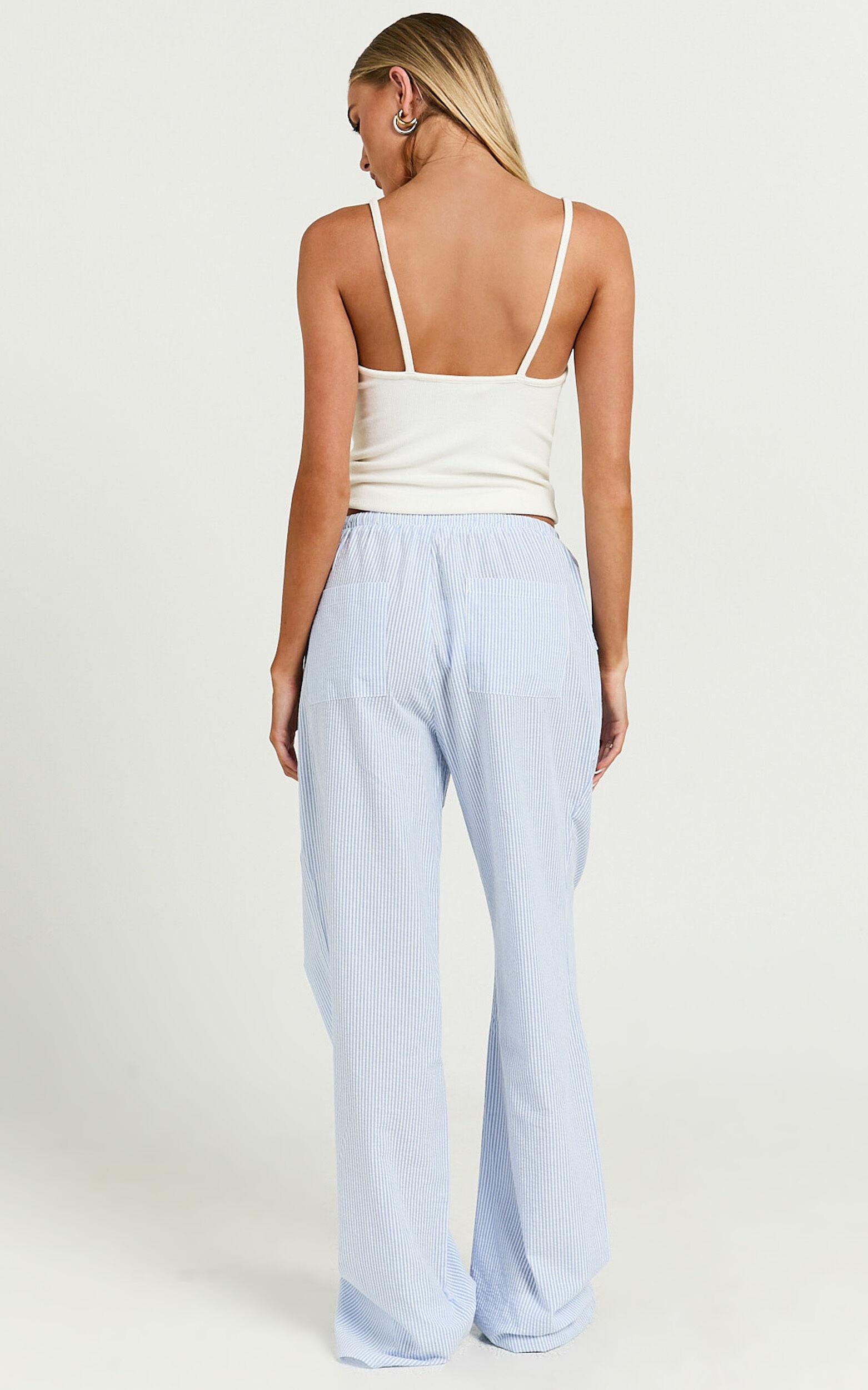 Harlo Pants - Mid Waisted Relaxed Leg Stripe Pants in Blue/ White Product Image