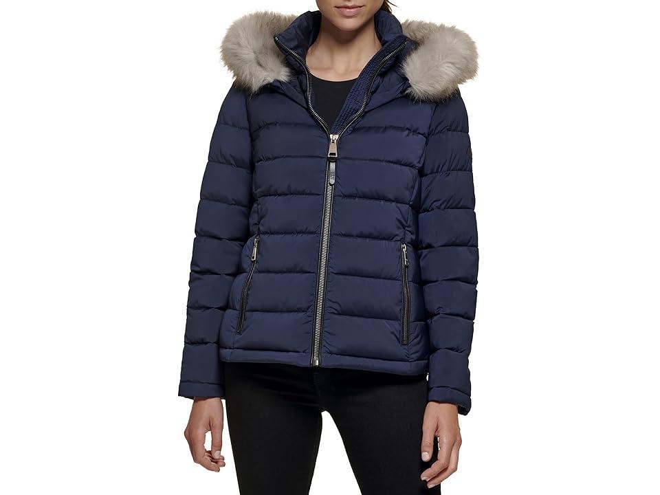 DKNY Faux Fur Trim Hooded Puffer Women's Jacket Product Image