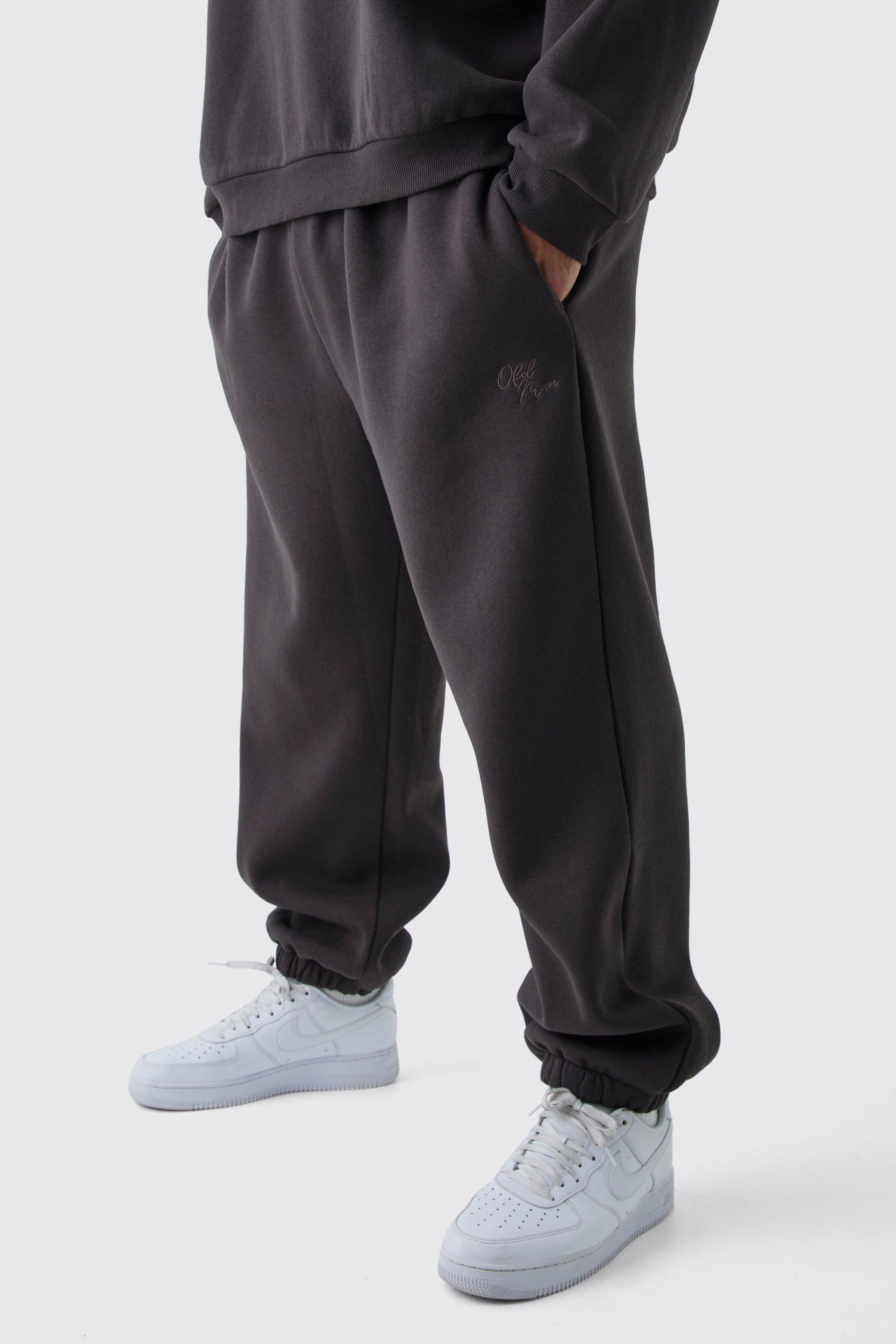 Mens Brown Plus Brushed Back Oversized Embroidered Joggers, Brown product image