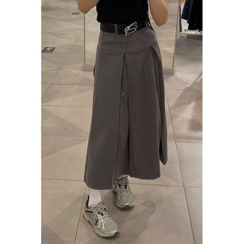 High Waist Plain Pleated Midi A-Line Skirt Product Image