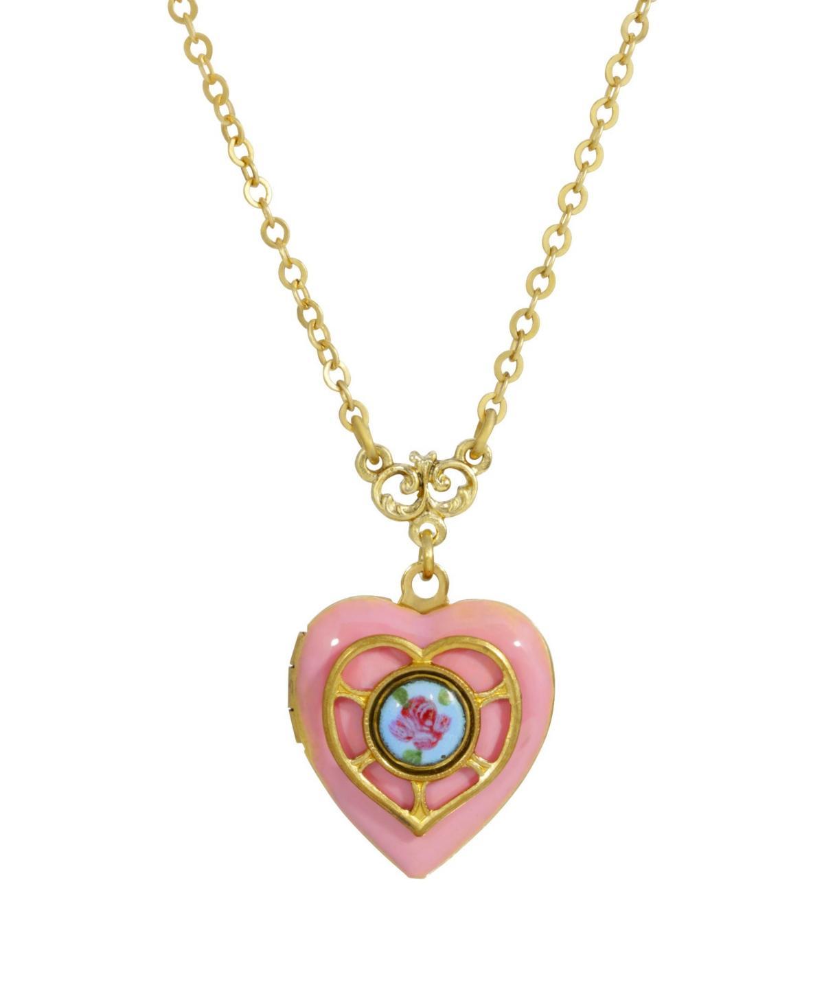 1928 Gold Tone Enamel Floral Heart Locket Necklace, Womens, Blue Product Image