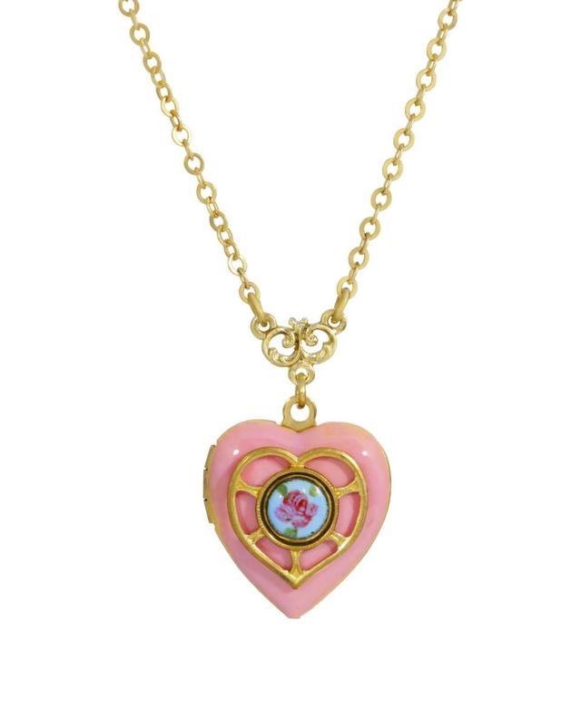 1928 Gold Tone Enamel Floral Heart Locket Necklace, Womens, Pink Product Image