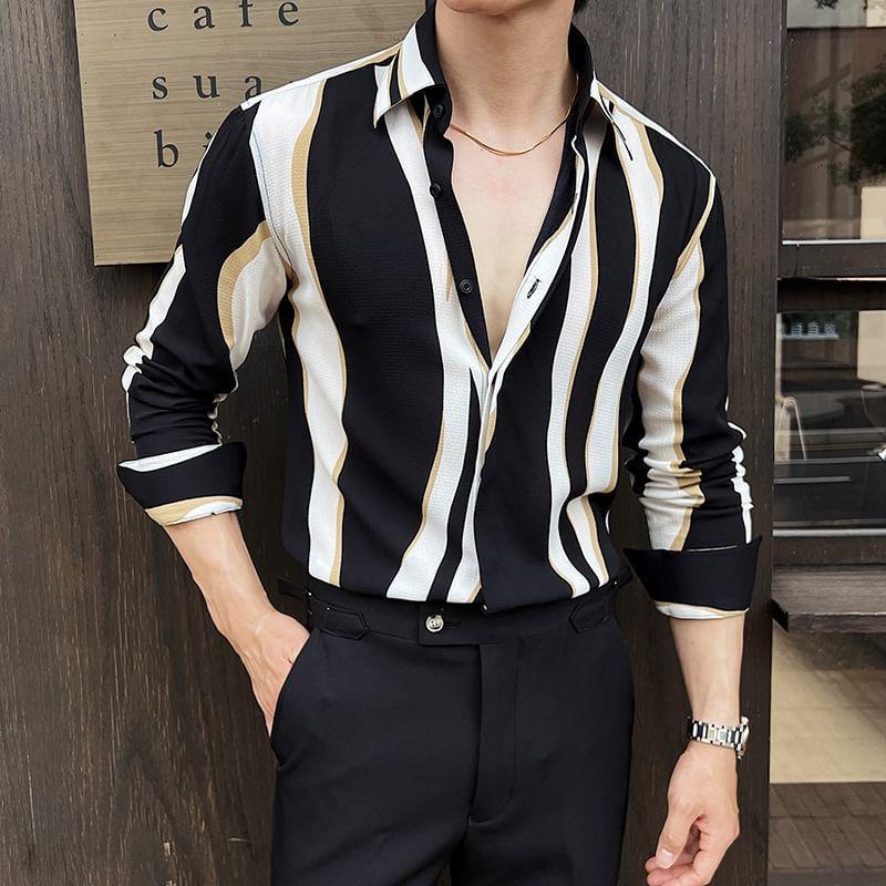 Long Sleeve Collared Patterned Print Shirt Product Image