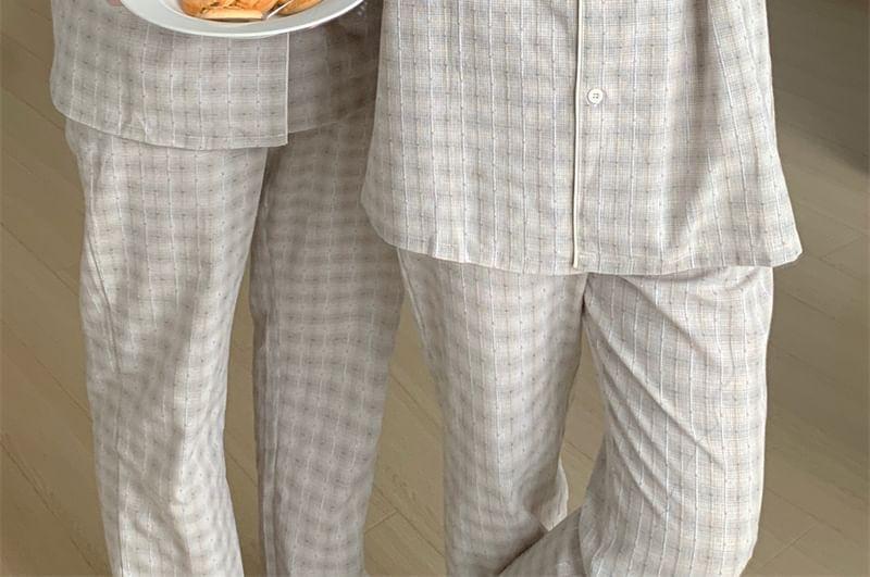 Couple Matching Pajama Set: Long Sleeve Collared Plaid Shirt + Straight Leg Pants (Various Designs) Product Image