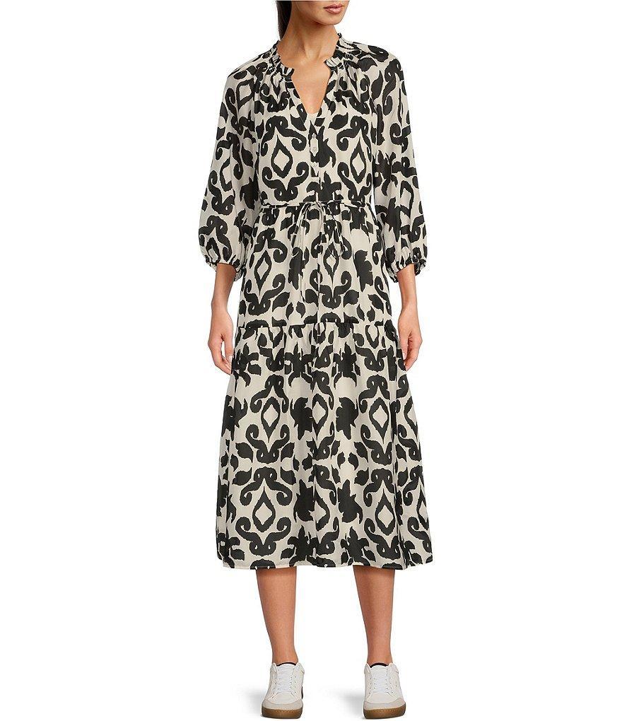 TILLEY Silk Ikat Print Ruffle Stand Collar V-Neck 3/4 Raglan Sleeve Tie Waist Gathered Tiered Midi A-Line Dress Product Image