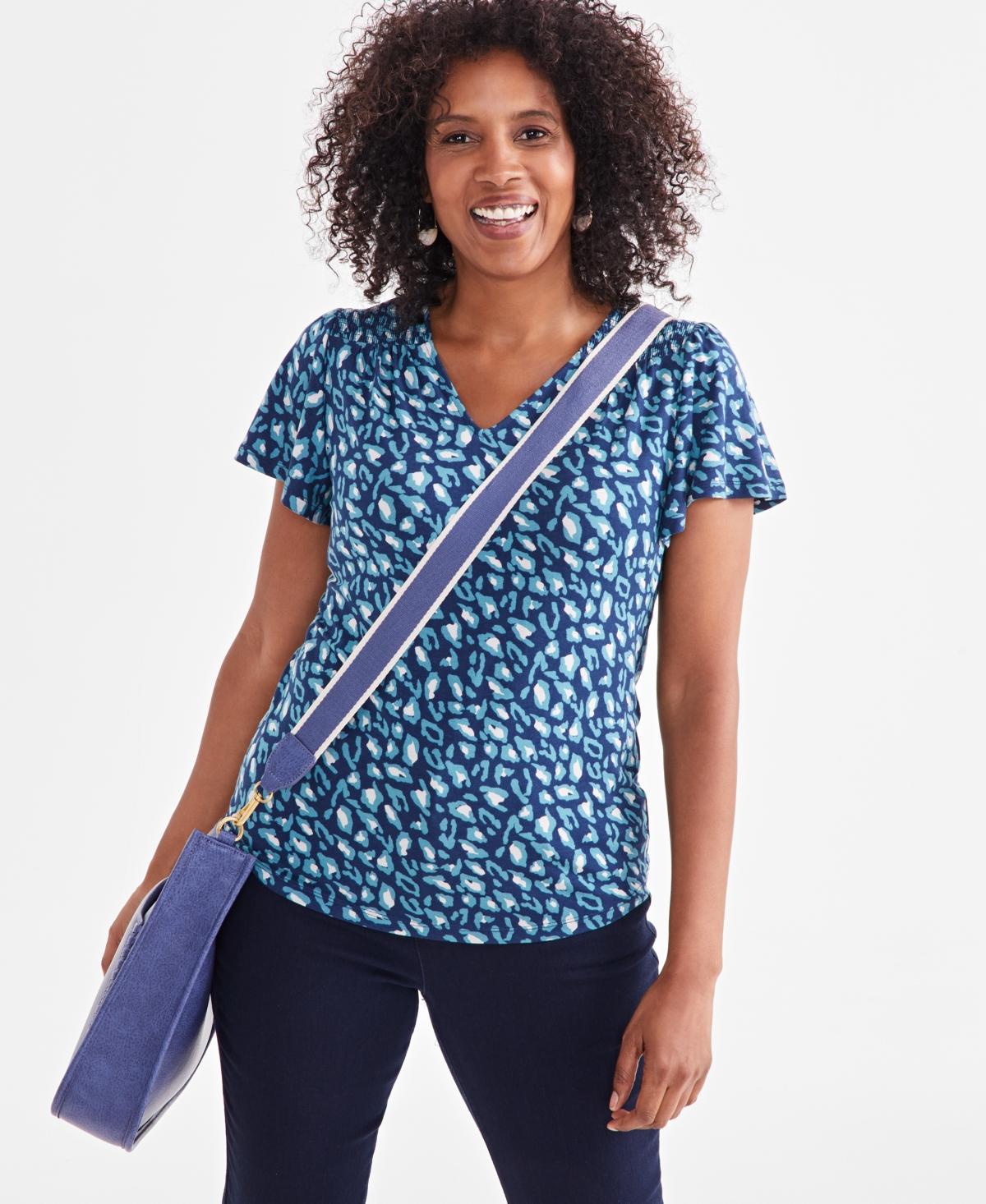 Women's Printed Smocked-Shoulder V-Neck Top, Created for Macy's  Product Image