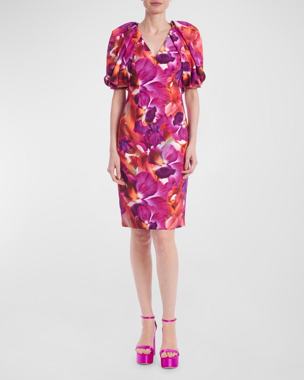 Floral-Print Blouson-Sleeve Bodycon Midi Dress Product Image