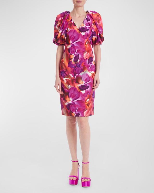 Floral-Print Blouson-Sleeve Bodycon Midi Dress Product Image