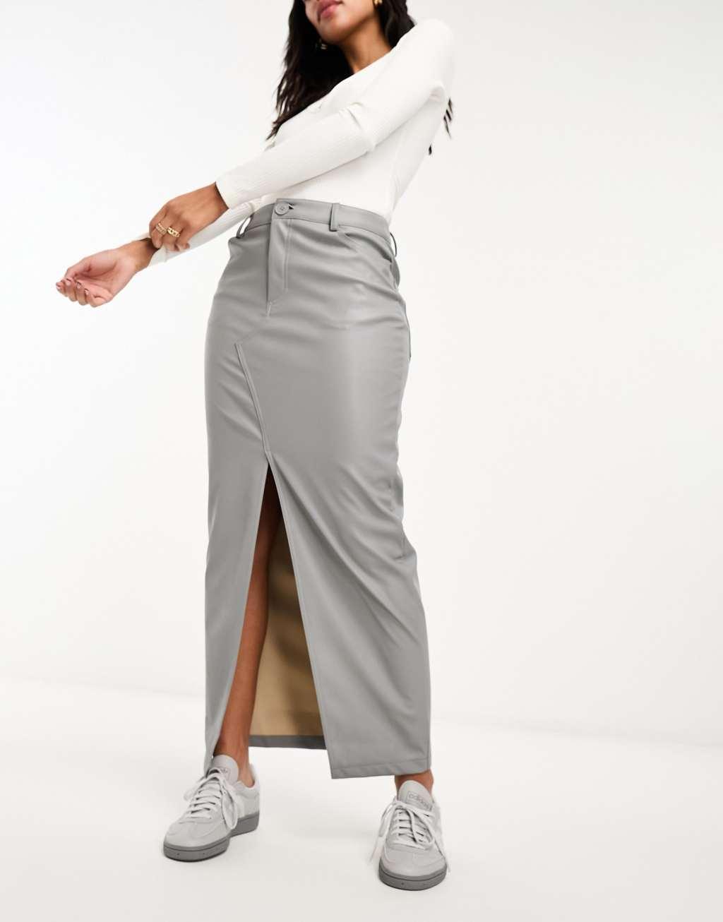 ASOS DESIGN faux leather maxi skirt with front split in silver metallic Product Image