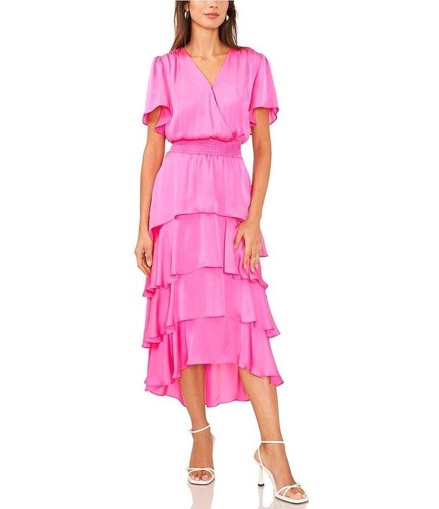 Vince Camuto Surplice V-Neck Short Flutter Sleeve Smocked Waist A-Line Tiered Midi Dress Product Image