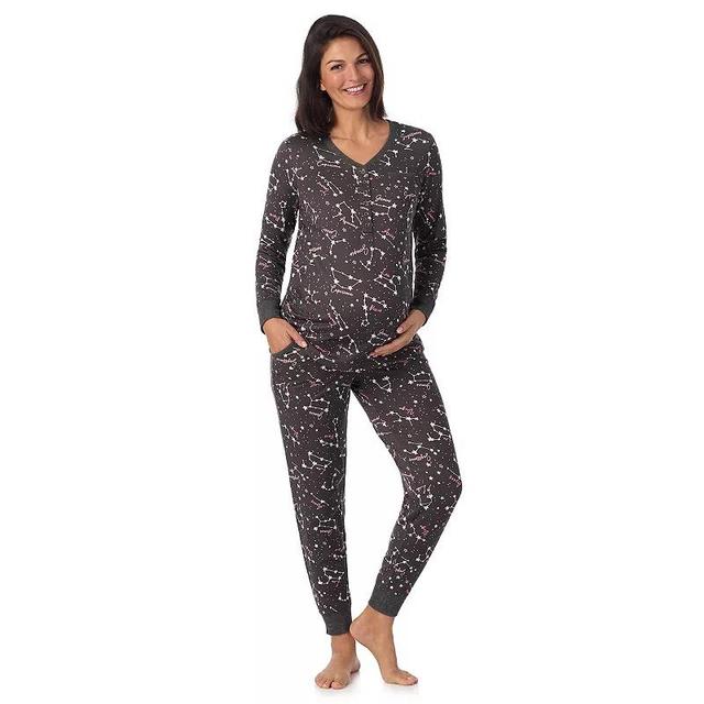 Maternity Cuddl Duds Cozy Henley Pajama Top & Banded Bottom Pajama Pants Sleep Set, Womens Cream Brown Product Image