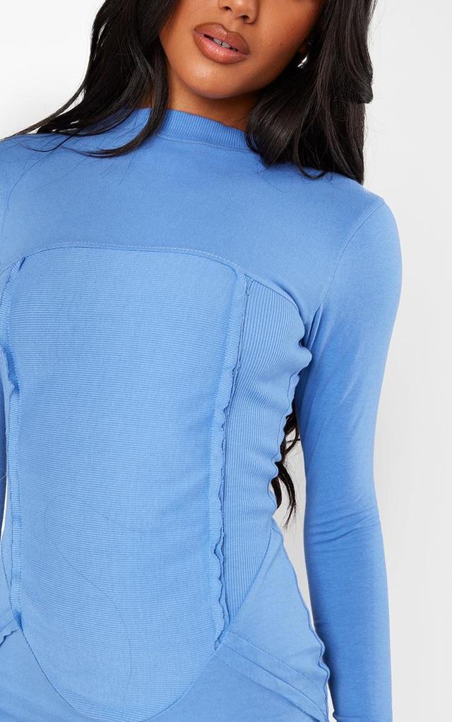 Blue Washed Rib Detail Long Sleeve Bodycon Dress Product Image