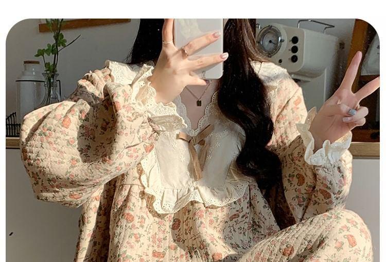 Pajama Set: Long-Sleeve V-Neck Floral Print Embroidered Eyelet Panel Bow Accent Top + Pants Product Image