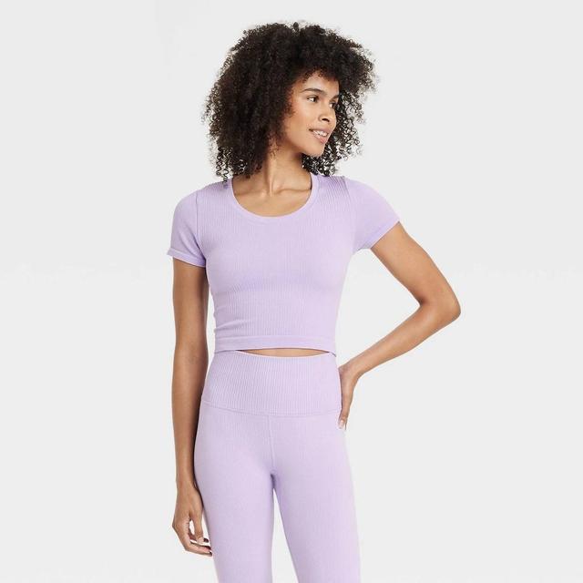 Womens Seamless Rib Cropped Short Sleeve Shirt - All In Motion Light Purple M Product Image