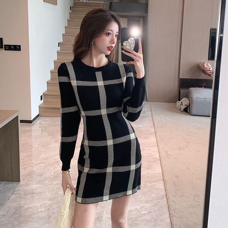 Long Sleeve Crew Neck Plaid Knit Mini Sheath Dress Product Image