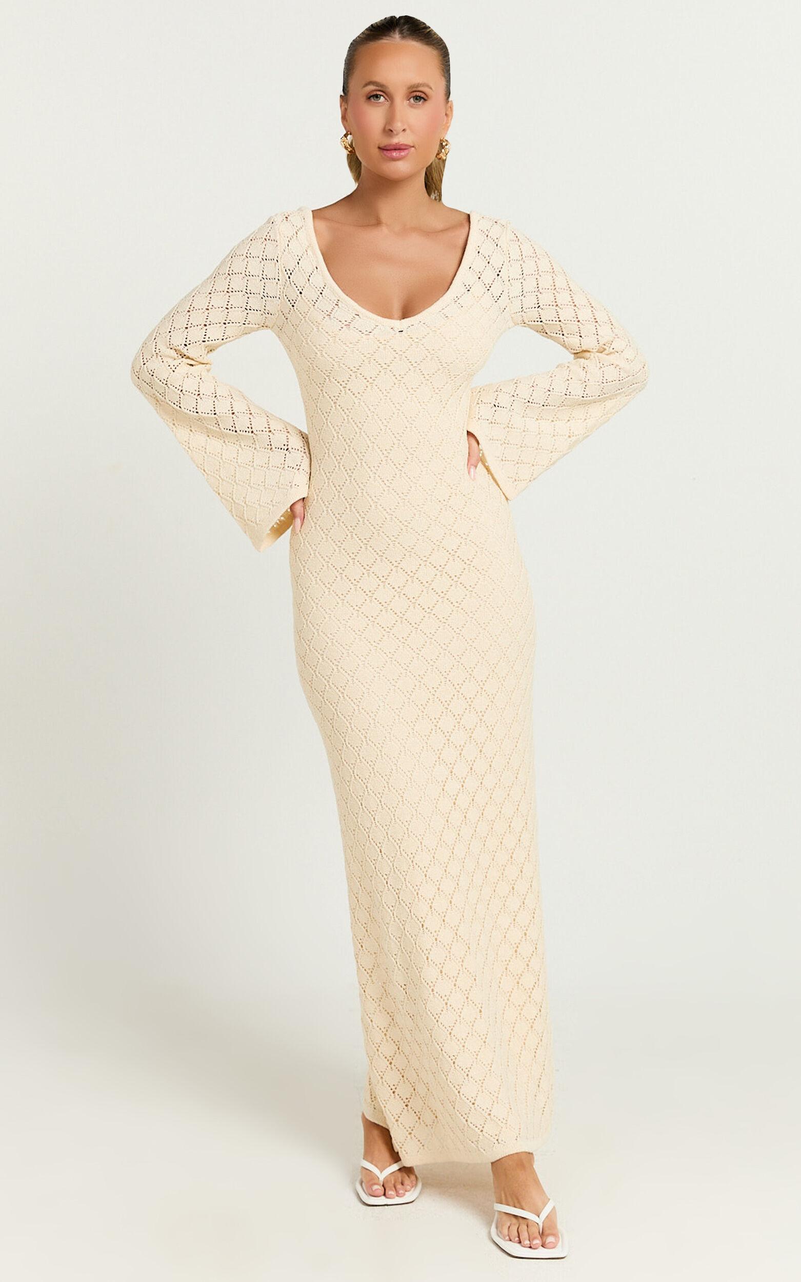 Halsey Maxi Dress - Crochet Scoop Neck Flare Sleeve Dress in Off White Product Image