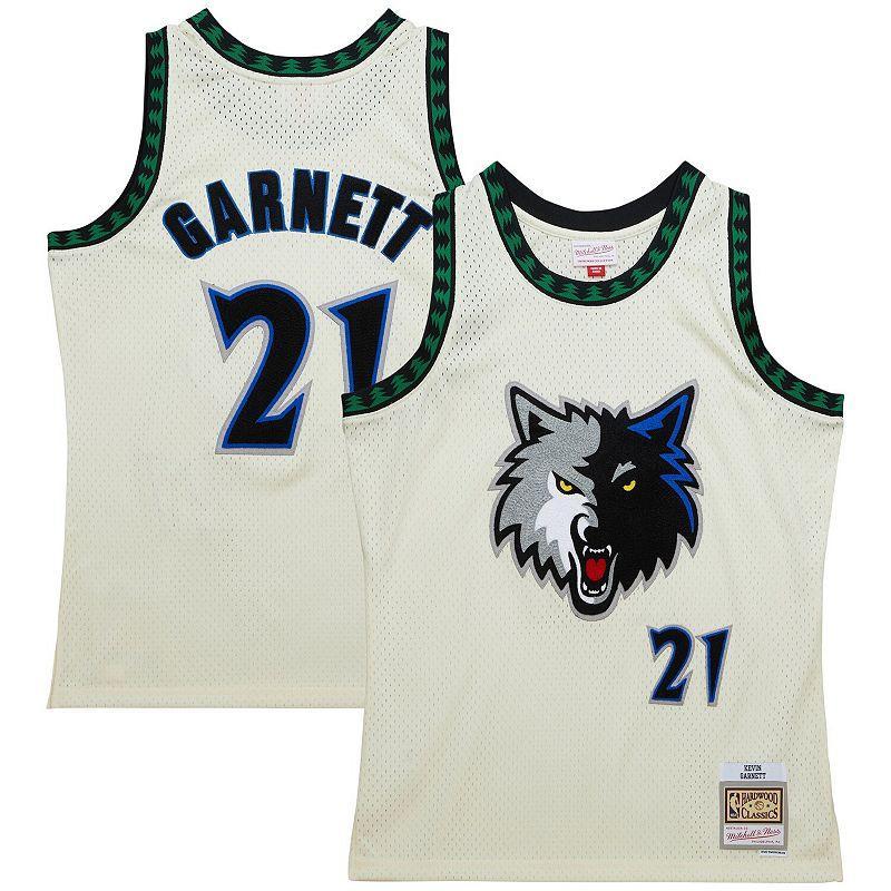 Mens Mitchell & Ness Kevin Garnett Cream Minnesota Timberwolves Chainstitch Swingman Jersey Product Image