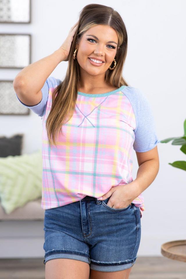 Blush and Pastel Blue Plaid Raglan Sleeve Top Product Image