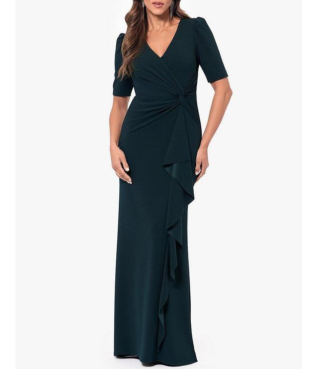 Xscape Scuba Crepe Surplice V-Neck Short Puff Shoulder Sleeve Twist Side Cascading Ruffle Gown Product Image