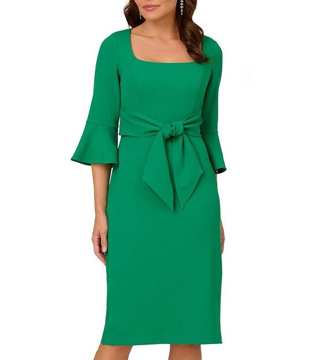 Adrianna Papell Stretch Square Neck 3/4 Bell Sleeve Tie Front Dress Product Image