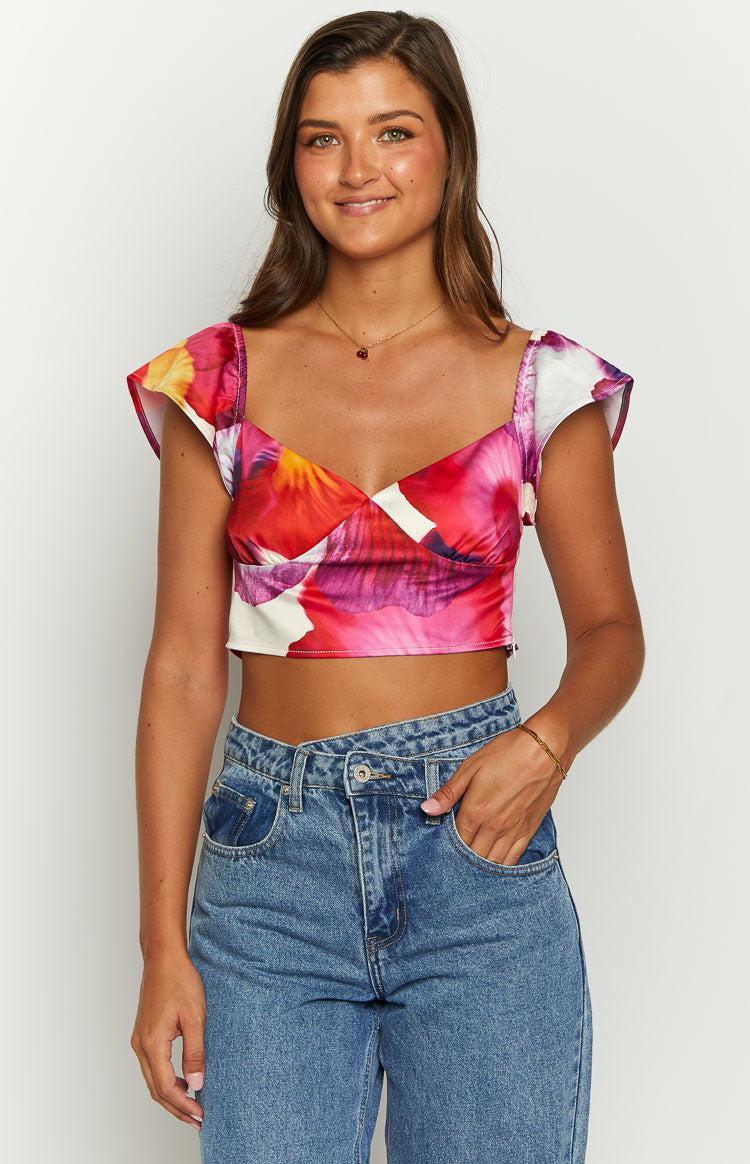 Romantic Rose Pink Floral Print Crop Top Product Image