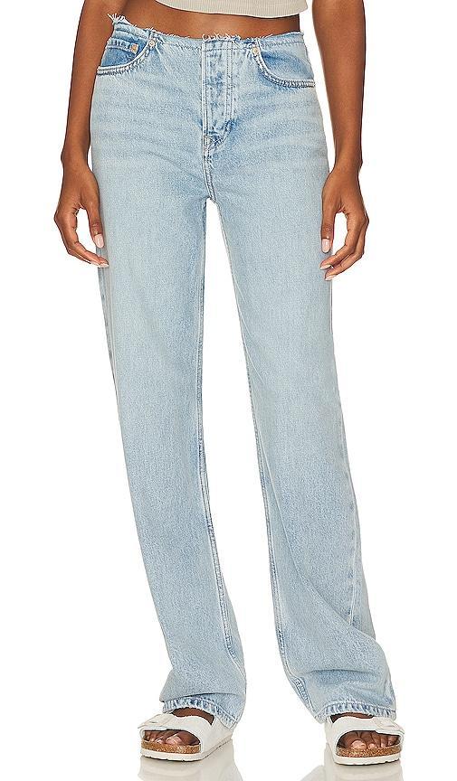 GRLFRND Jordan Low Rise Frayed Waist Boyfriend in Blue. Size 27, 30, 31, 32. Product Image