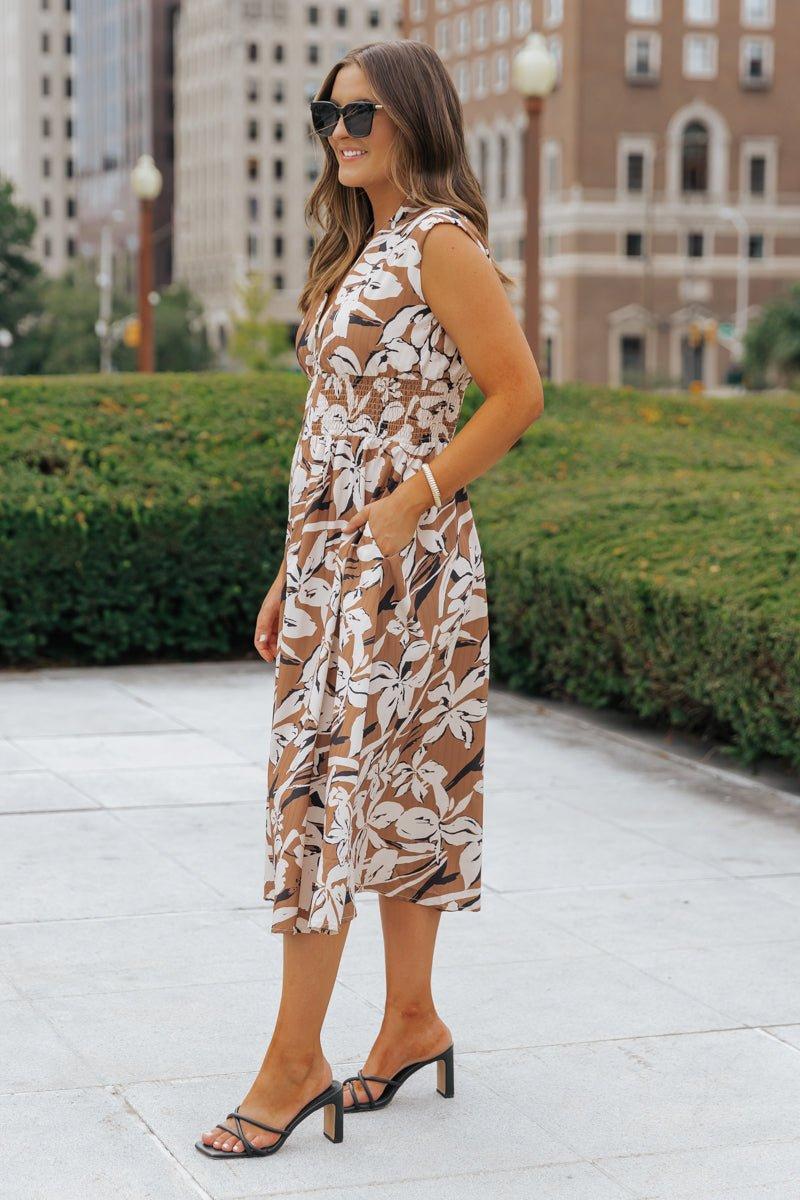 Brown Floral Zip Up Midi Dress - FINAL SALE Product Image