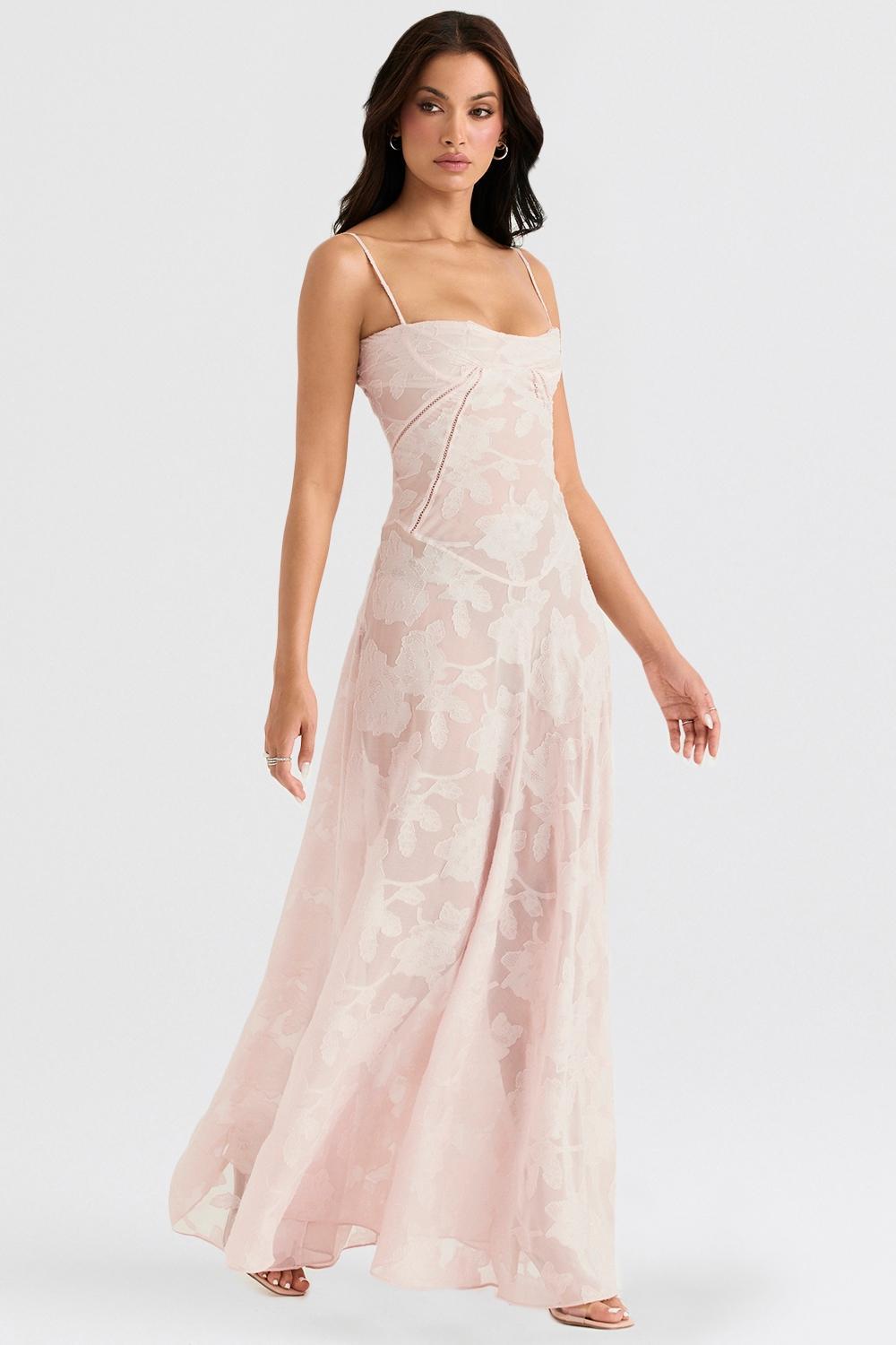 Seren Soft Pink Floral Lace Back Maxi Dress Product Image