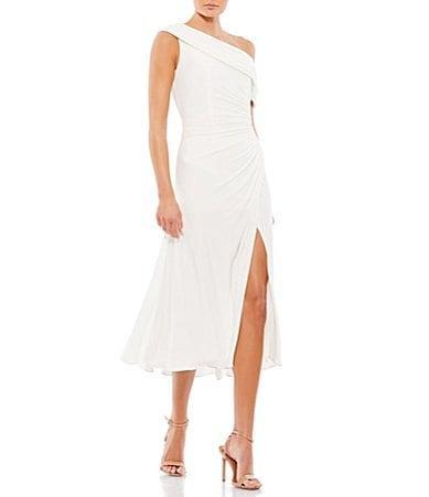 Mac Duggal Foldover Ruched One-Shoulder Chiffon Midi Dress Product Image