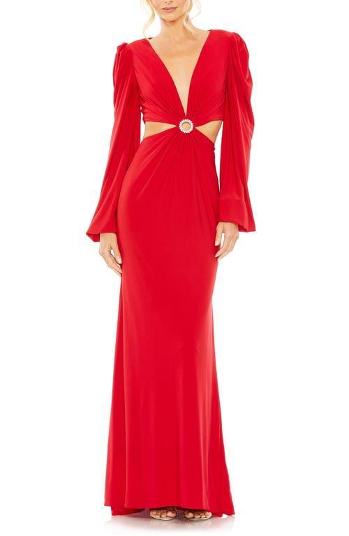 Ieena for Mac Duggal Cutout Long Sleeve Jersey Column Gown Product Image