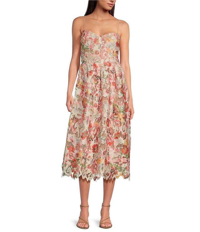 Lucy Paris Mona Lace Floral Print Sweetheart Neck Sleeveless Midi Dress Product Image