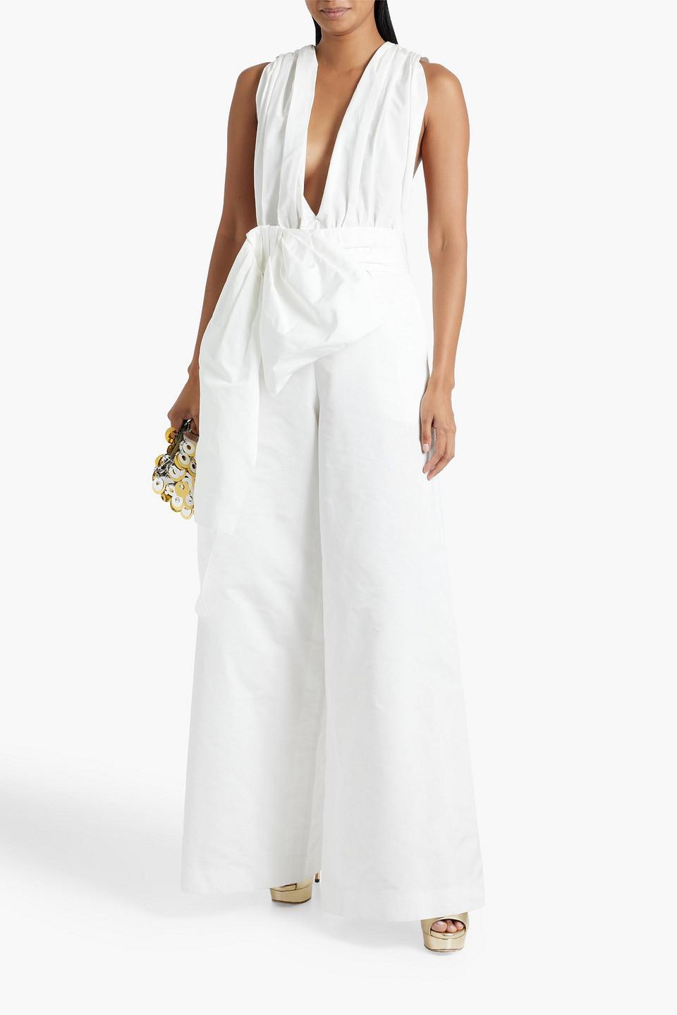 Bow-embellished Pleated Faille Wide-leg Jumpsuit In White Product Image