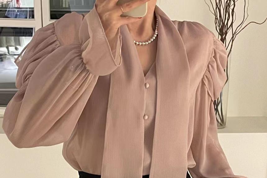 Long-Sleeve V-Neck Button-Up Plain Blouse Product Image