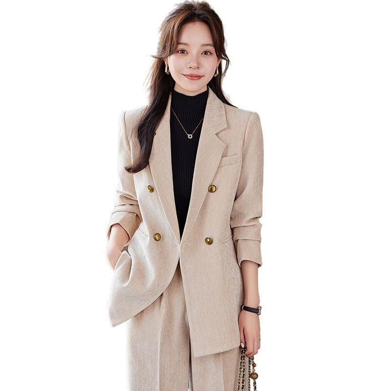 Lapel Collar Plain Double Breasted Blazer / Mid Rise Plain Wide Leg Fit Dress Pants / Set Product Image