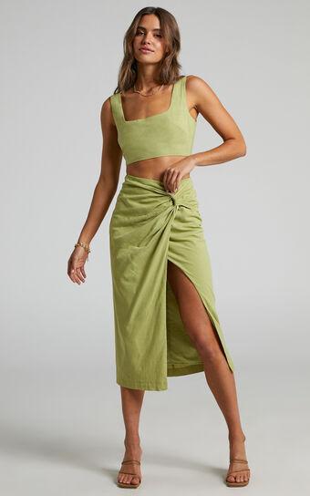 Gibson Two Piece Set - Linen Look Crop Top and Knot Front Midi Skirt Set in Celery product image