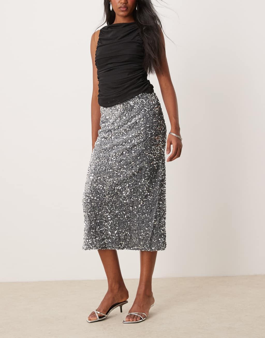 Vila sequin & velour maxi skirt in silver gray Product Image