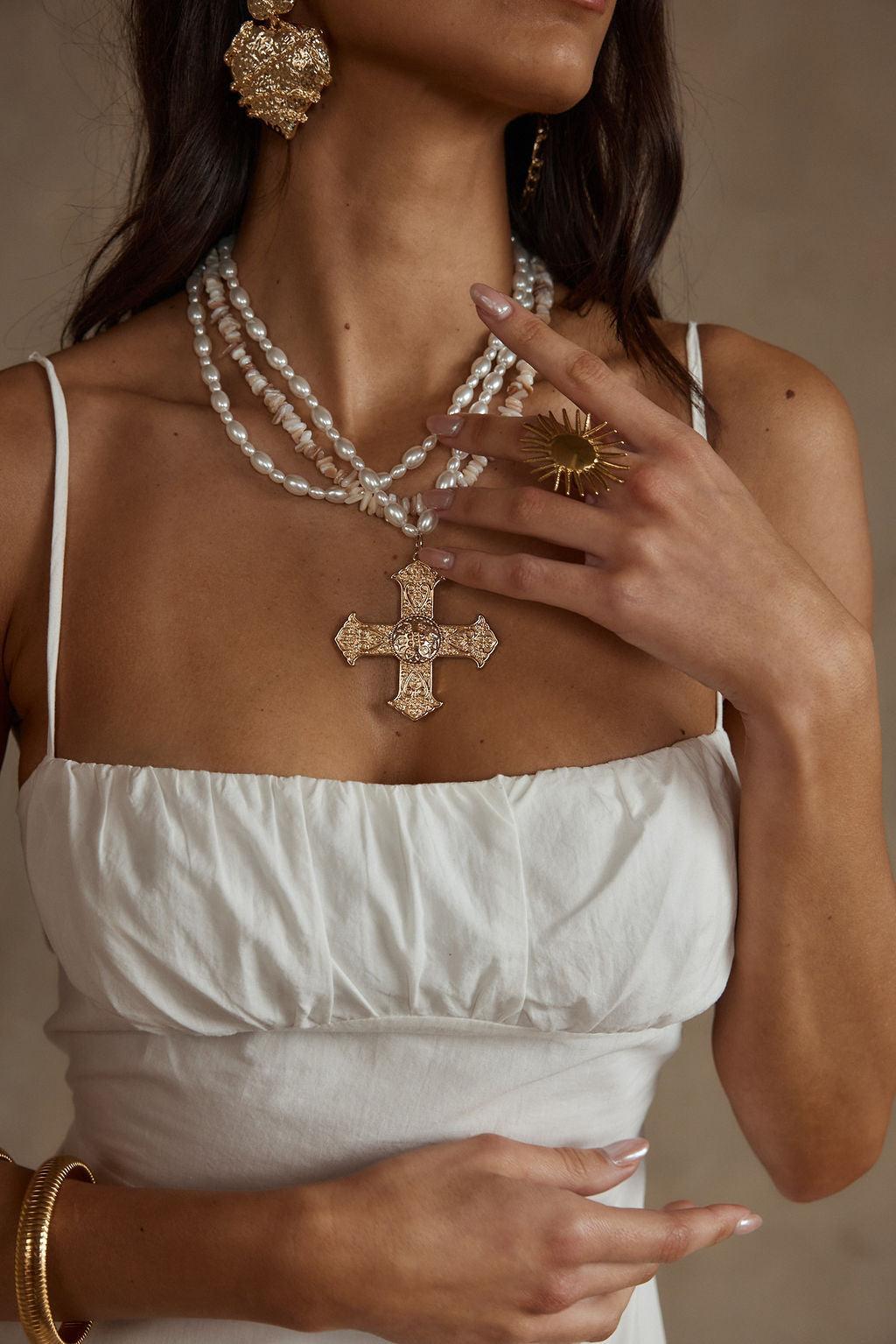 Angelica Gold Pearl Cross Statement Necklace Product Image