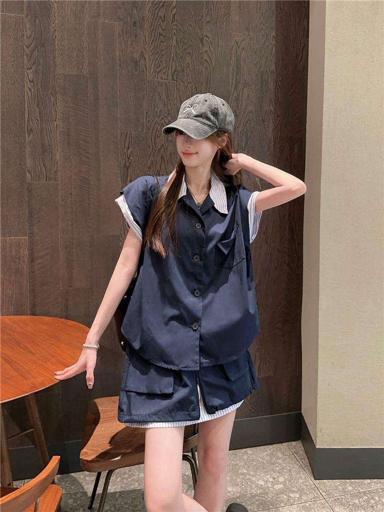 Cap-Sleeve Collared Mock Two-Piece Striped Panel Button-Up Blouse / High Waist Zipped Mini A-Line Cargo Skirt Product Image