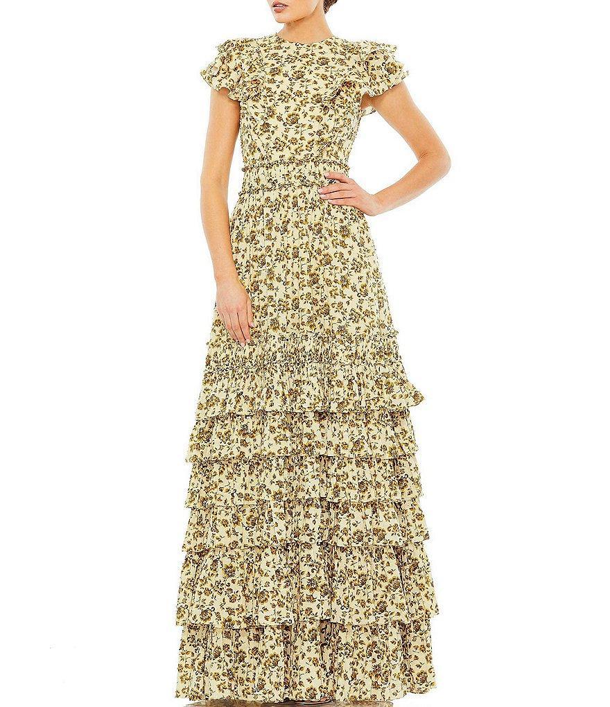 Mac Duggal Tiered Floral Chiffon Crew Neck Flutter Sleeve Tiered Ruffle Gown Product Image