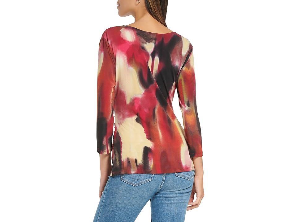 Calvin Klein Printed Long Sleeve Cowl Front (Cranberry Combo) Women's Clothing Product Image