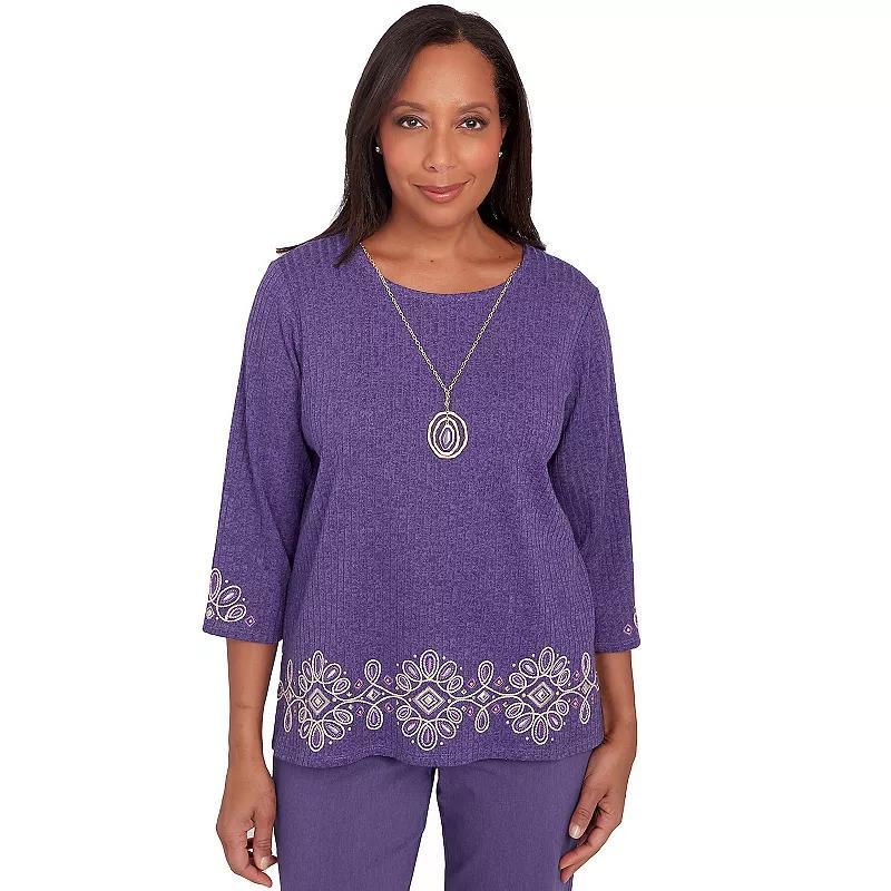 Petite Alfred Dunner Embroidery Trimmed 3/4-Sleeve Top with Necklace, Womens Purple Product Image