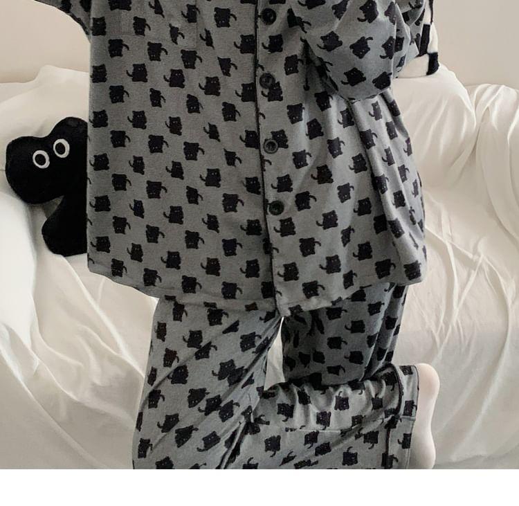 Pajama Set: Cat Print Pocket Detail Shirt + Pants Product Image