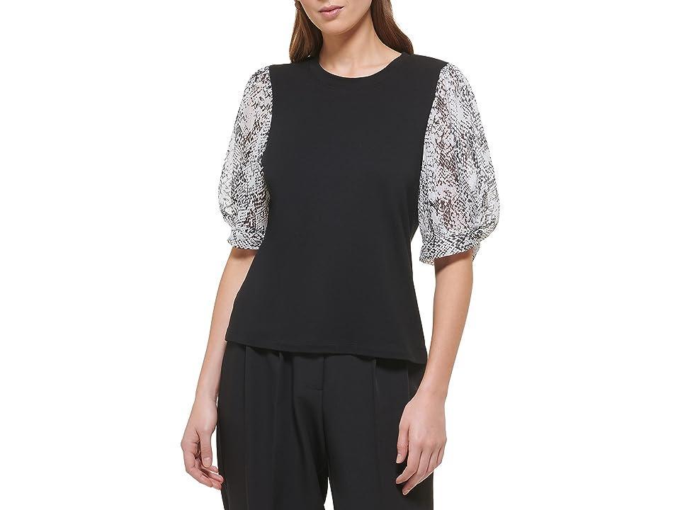 DKNY Short Sleeve Crew Neck Printed Chiffon Sleeve Blouse (Black/Ivory Multi) Women's Clothing Product Image