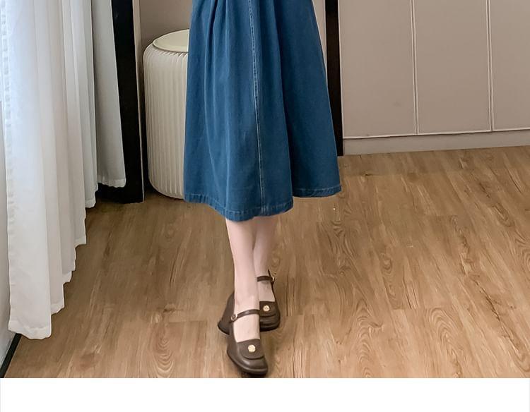 Puff Sleeve Collared Washed Button Midi A-Line Denim Dress Product Image