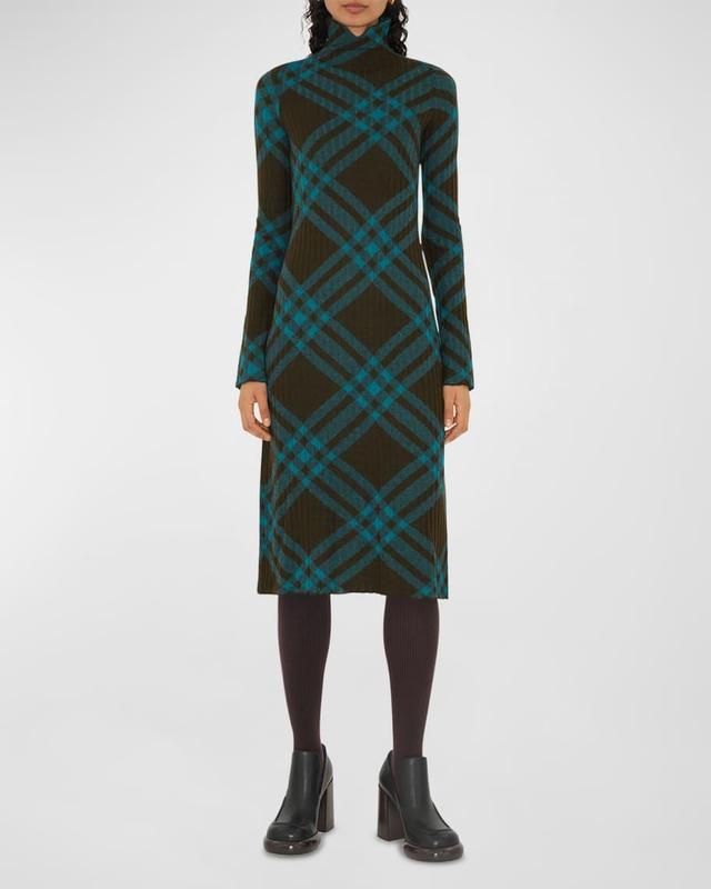 Turtleneck Check Knit Midi Sweater Dress Product Image