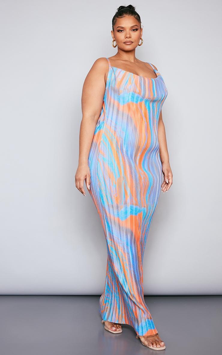 Plus Blue Marble Printed Plisse Cowl Neck Maxi Dress Product Image