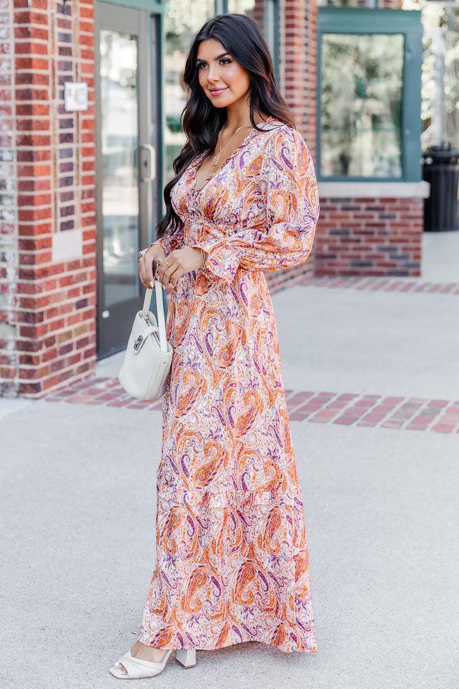 It's All A Dream Rust Multi Paisley Satin Ruffle Trim Maxi Dress FINAL SALE Product Image